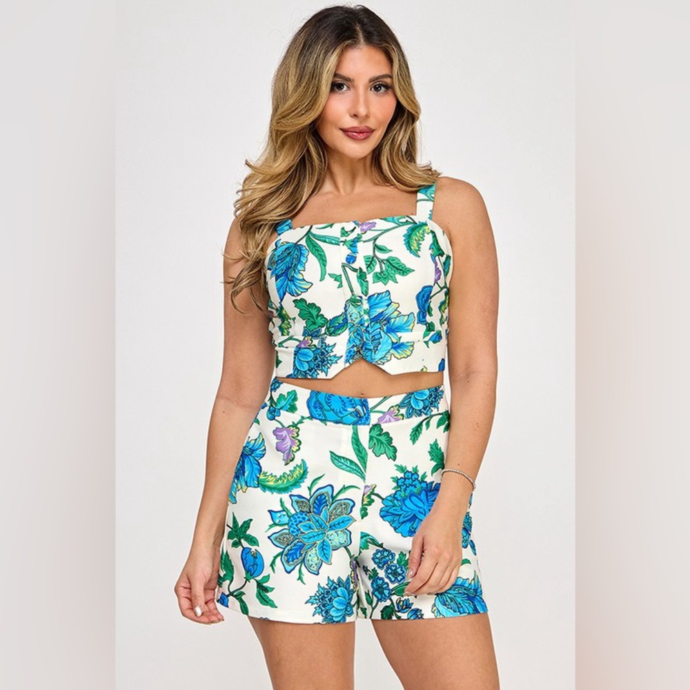 Floral Blue and Green Crop Top and Pants Set